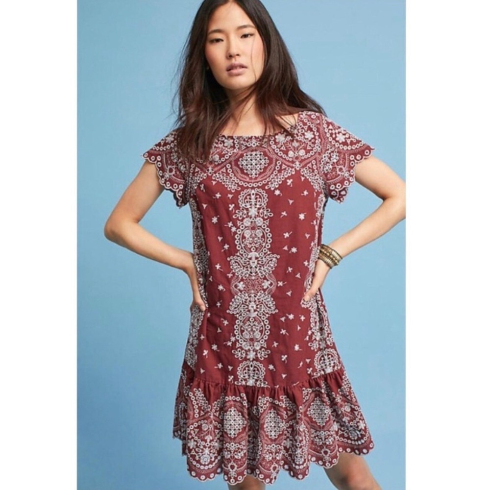 Anthropologie Feather Bone Rust Red White Eyelet Embroidered Mini Dress Small